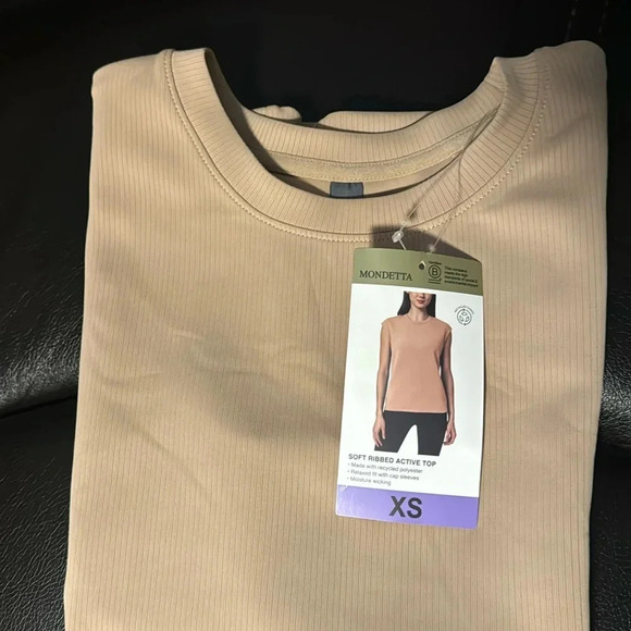 Mondetta Ladies' Soft Ribbed Short Sleeve Active Top, New Taupe (Tan) X-Small - Picture 4 of 11